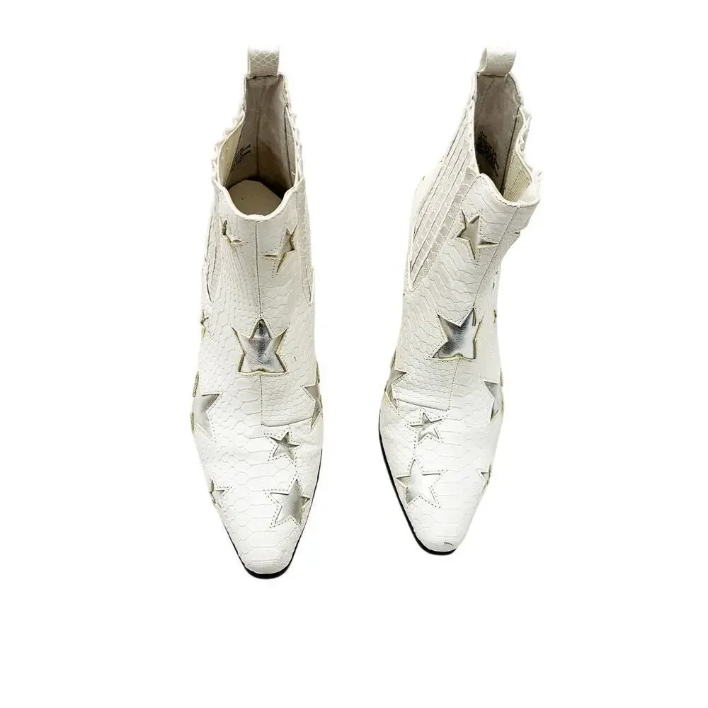Betsey Johnson Izak Silver Star Studded White Cowboy Boot Almond Toe Size 6.5